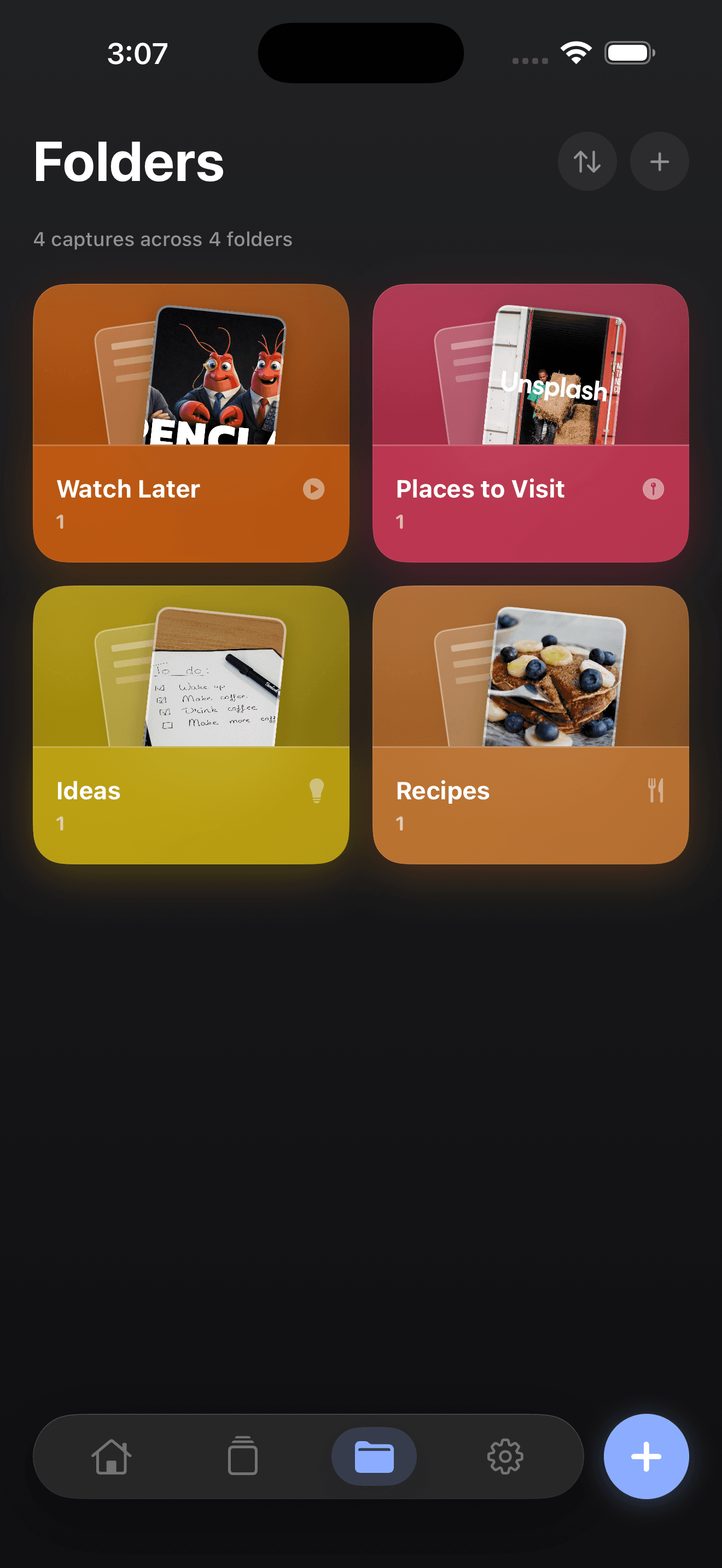 Tapture smart folders grid showing colorful folder cards