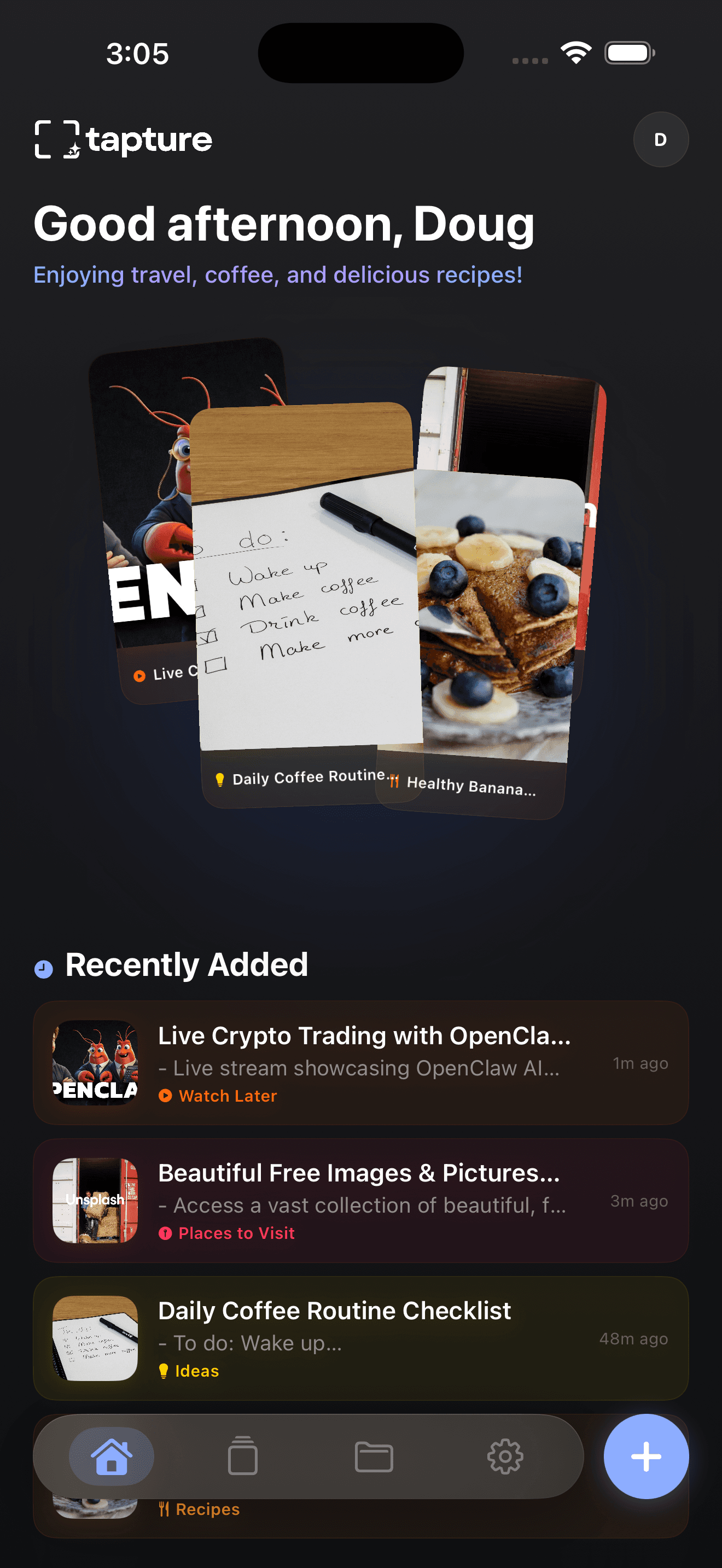 Tapture home screen showing personalized greeting, recent captures with AI-generated summaries, and smart folder tags