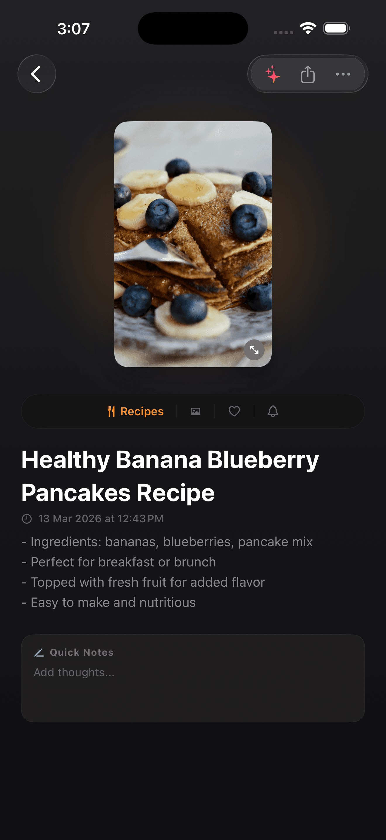 Tapture note with AI-generated title, recipe folder tag, and bullet-point summary