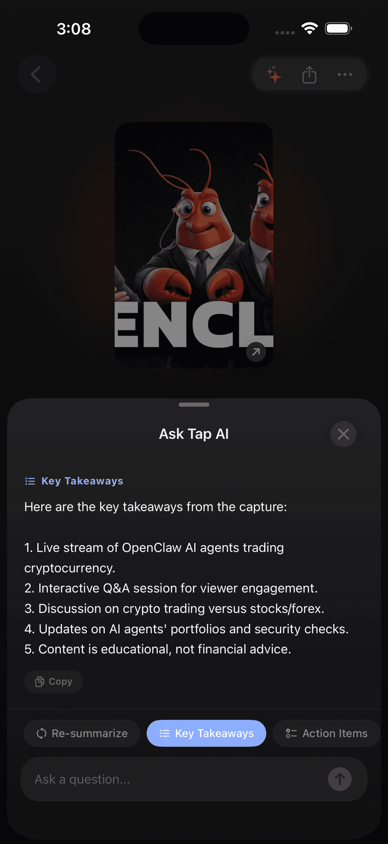 Tapture Ask Tap AI panel showing key takeaways