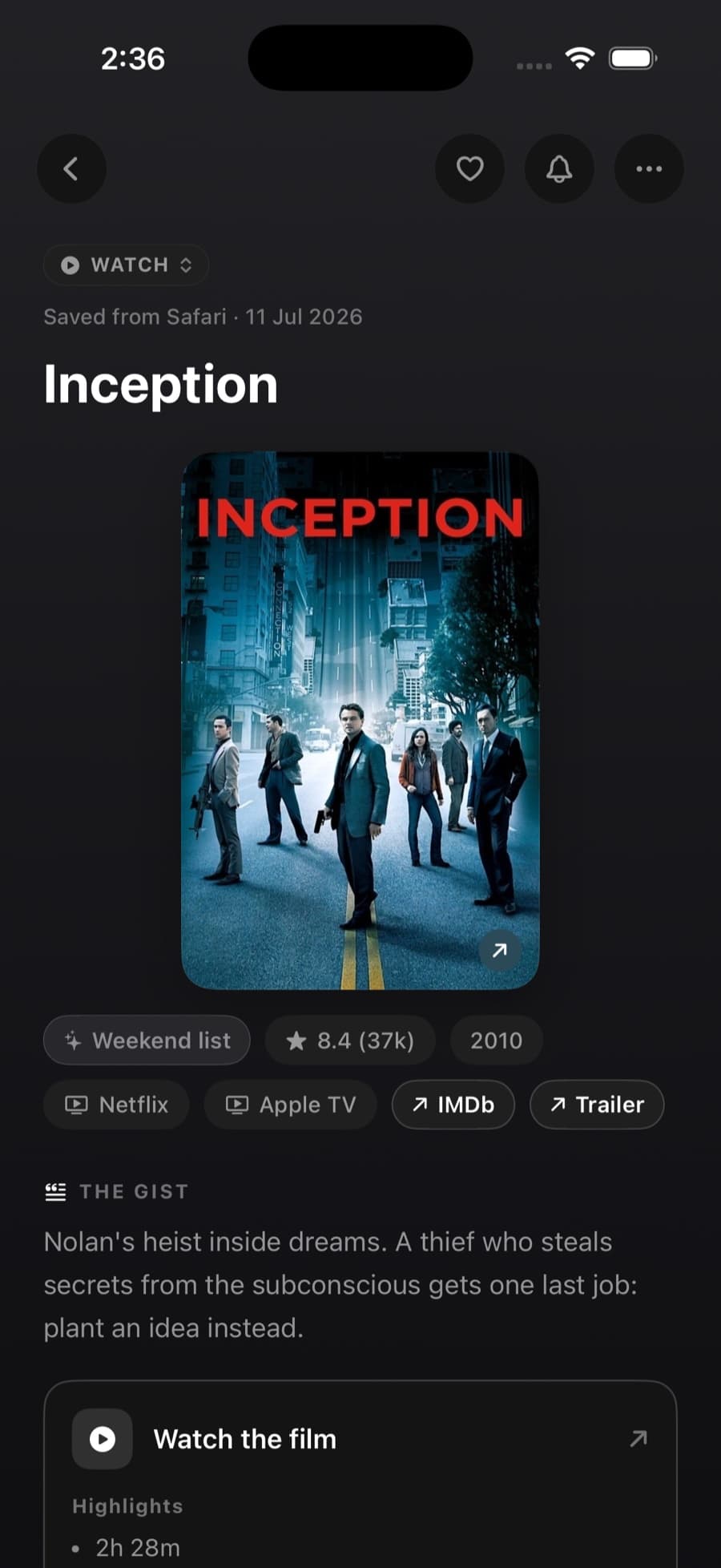 A movie tapture for Inception with rating and streaming information