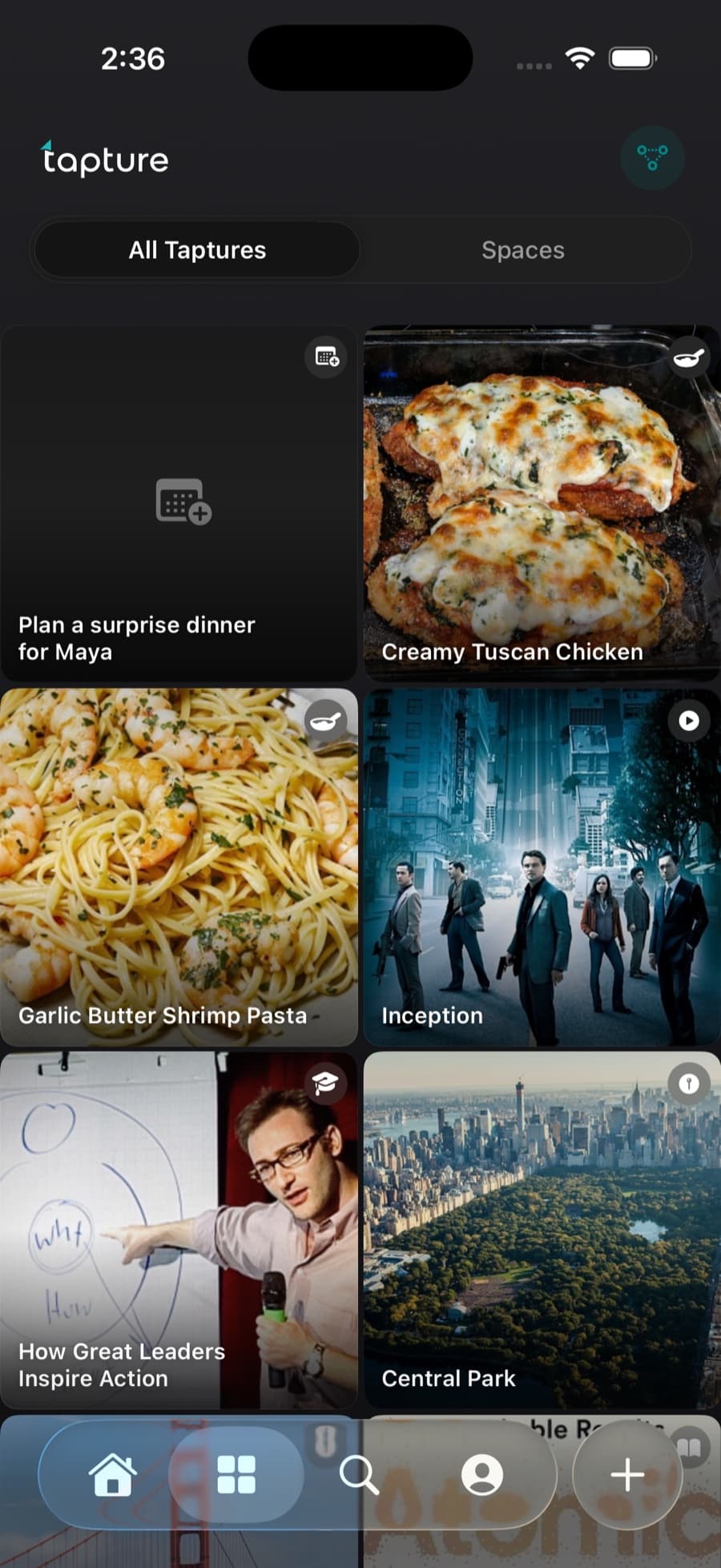 The Tapture library grid with recipes, places, movies, and products